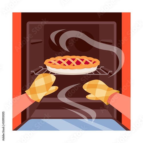 Hands in fireproof gloves open oven door, sweet pie with steam inside kitchen equipment vector illustration. Cartoon baker or chef in mittens cooking food, person making pastry recipe background