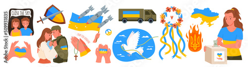 Support, assistance and help for Ukraine set vector illustration. Cartoon hands holding Ukrainian flag with slogan peace, showing heart gesture, traditional wreath in national colors of Ukraine