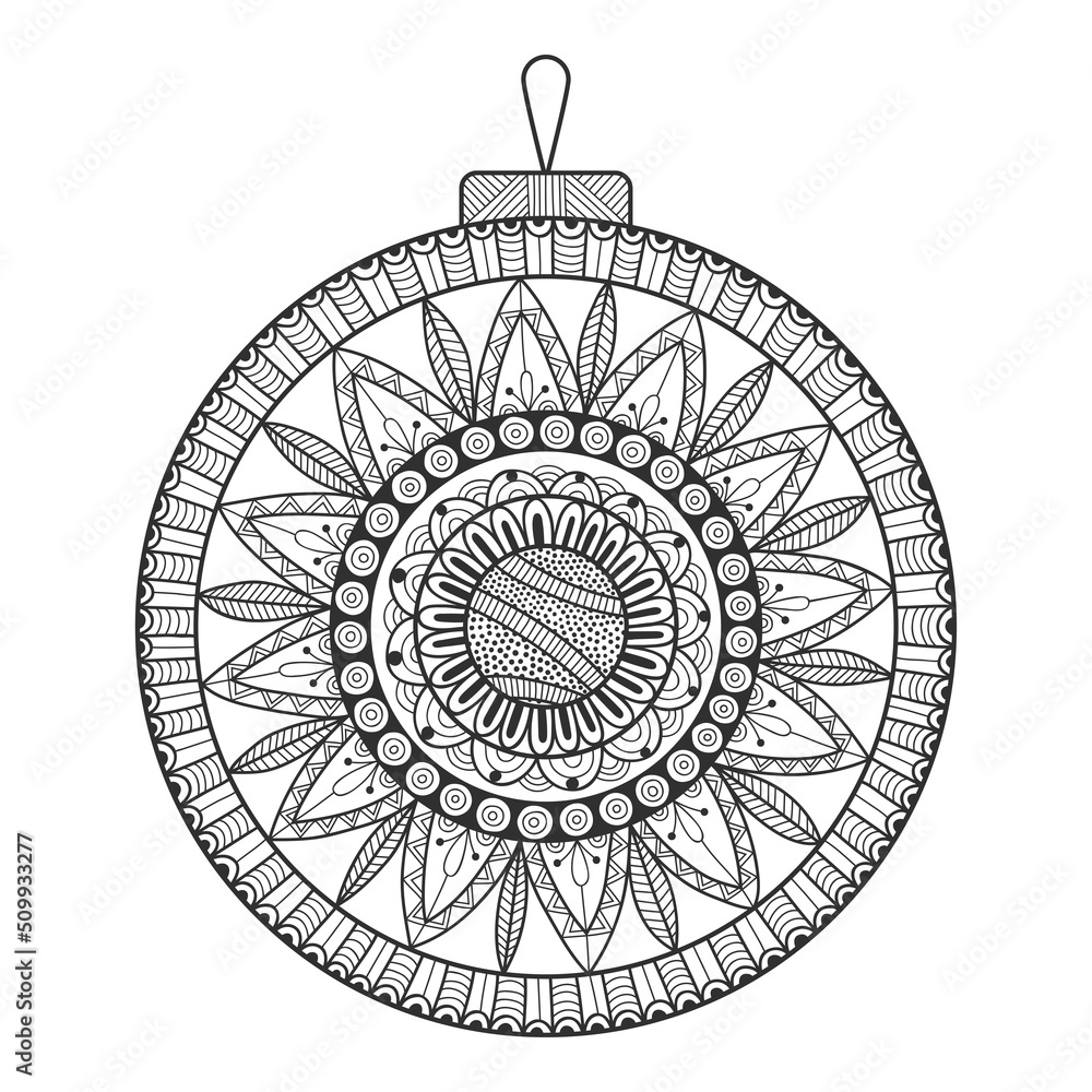 Christmas ball, ornament. Black and white illustration for coloring book.