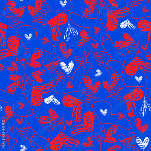 Vector seamless pattern with hand drawn hearts on a bright blue background  for textile design  cards  gift wrapping.