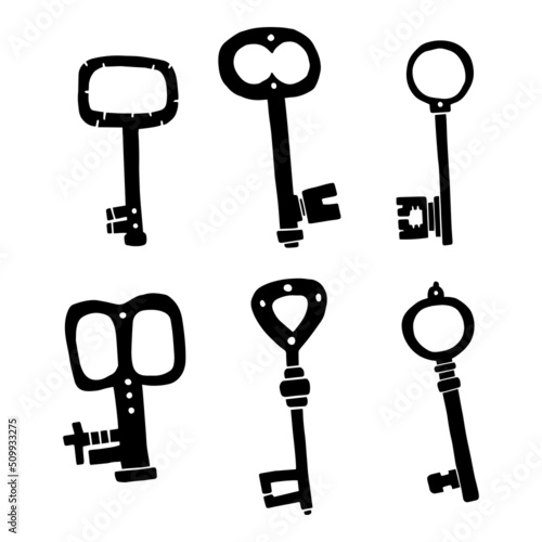 Antique keys. Black and white illustration in linocut style