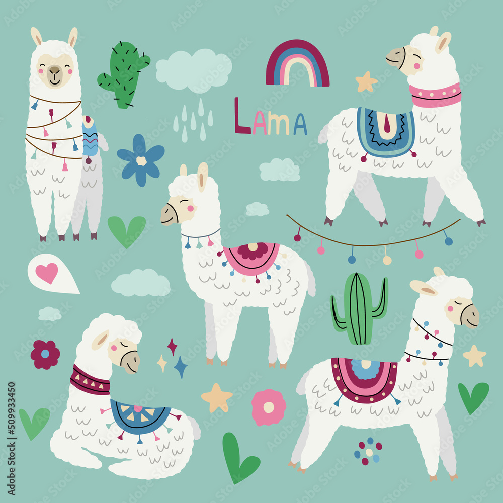 Set with cute lamas in different poses. Vector illustration for decorating nursery and textile Set with cute lamas in different poses. Vector illustration for decorating nursery and textile