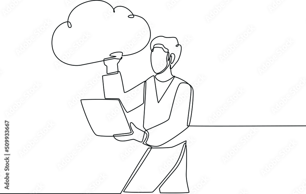 Single one line drawing businessman holding laptop and rising cloud in his hands. Working big data concept. Continuous line draw design graphic vector illustration. Single one line drawing businessman holding laptop and rising cloud in his hands. Working big data concept. Continuous line draw design graphic vector illustration.