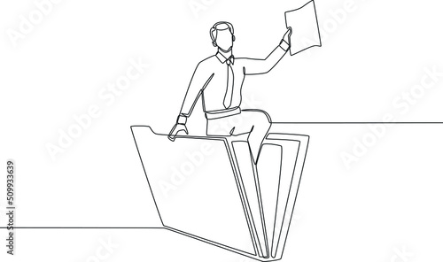 Single one line drawing businessman holding Document data sitting on folder. Working big data concept. Continuous line draw design graphic vector illustration.