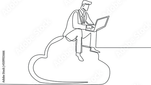 Single one line drawing businessman with laptop sitting on the cloud. Working big data concept. Continuous line draw design graphic vector illustration.
