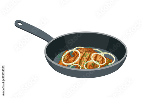 Fried fish in pan. fried perch Vector illustration