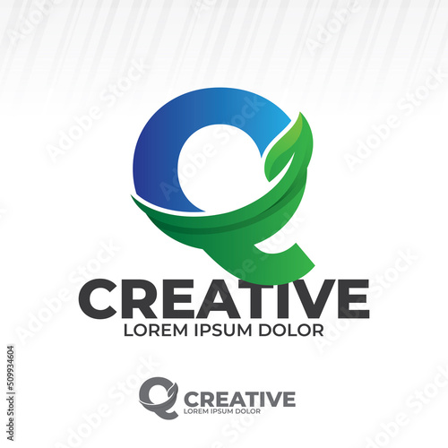 Letter Q logo with green leaf illustration, Leaves icon vector set isolated on white background