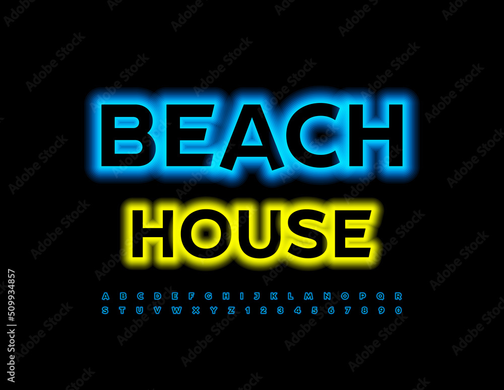 Vector bright Banner Beach House. Blue Neon Font. Led Illuminated Alphabet Letters and Numbers set Vector bright Banner Beach House. Blue Neon Font. Led Illuminated Alphabet Letters and Numbers set