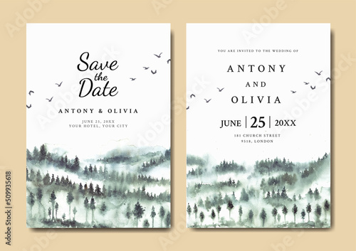 Watercolor wedding invitation of misty forest