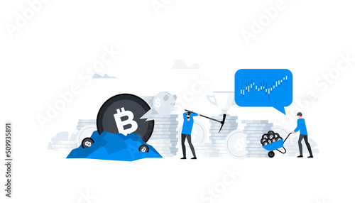 Flat vector illustration. Animation ready duik friendly vector. Conceptual business story. Cryptocurrency exchange, blockchain technology, bitcoin, cryptocurrency mining, digital money market.