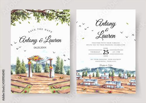 Watercolor wedding invitation of wedding gate and pine trees view 