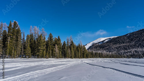Intersecting tire tracks are visible on the snow-covered surface of the frozen lake. Coniferous forest on the shore. A mountain against a blue sky. Altai. Lower Multinskoe Lake