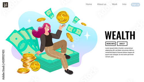 A successful woman celebrates her financial freedom in this vibrant vector art, sitting on a giant gift box as money rains down, symbolizing a lottery win, a jackpot, or a major profit.