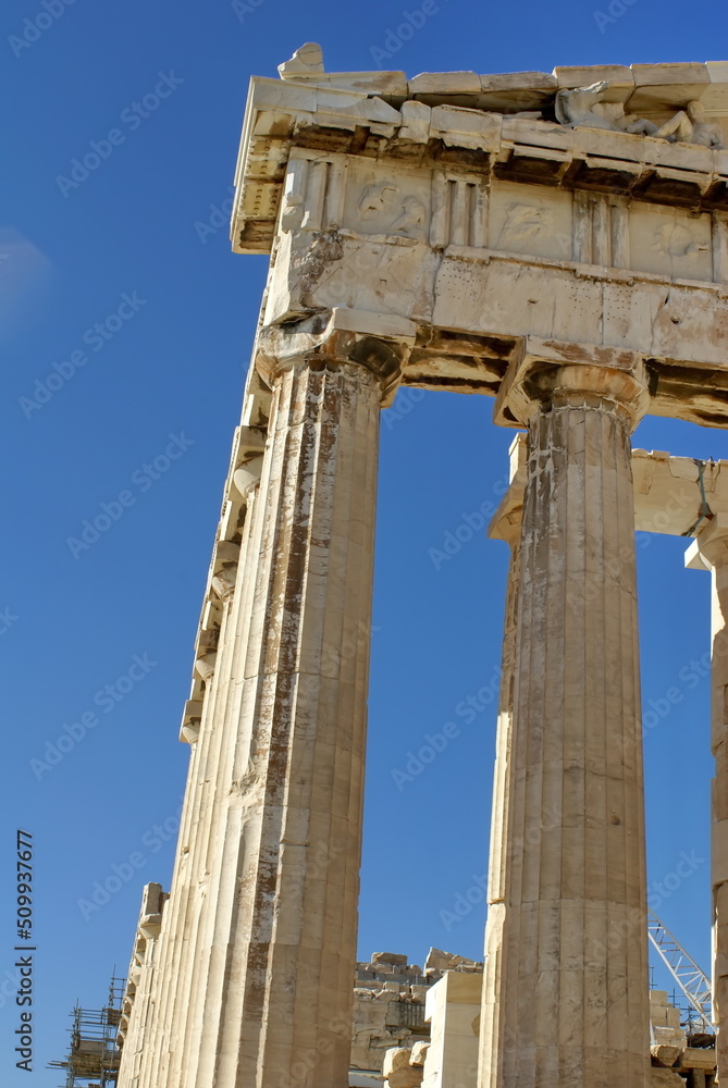 Columns and a lintel on the ruins of a temple in Athens, Greece