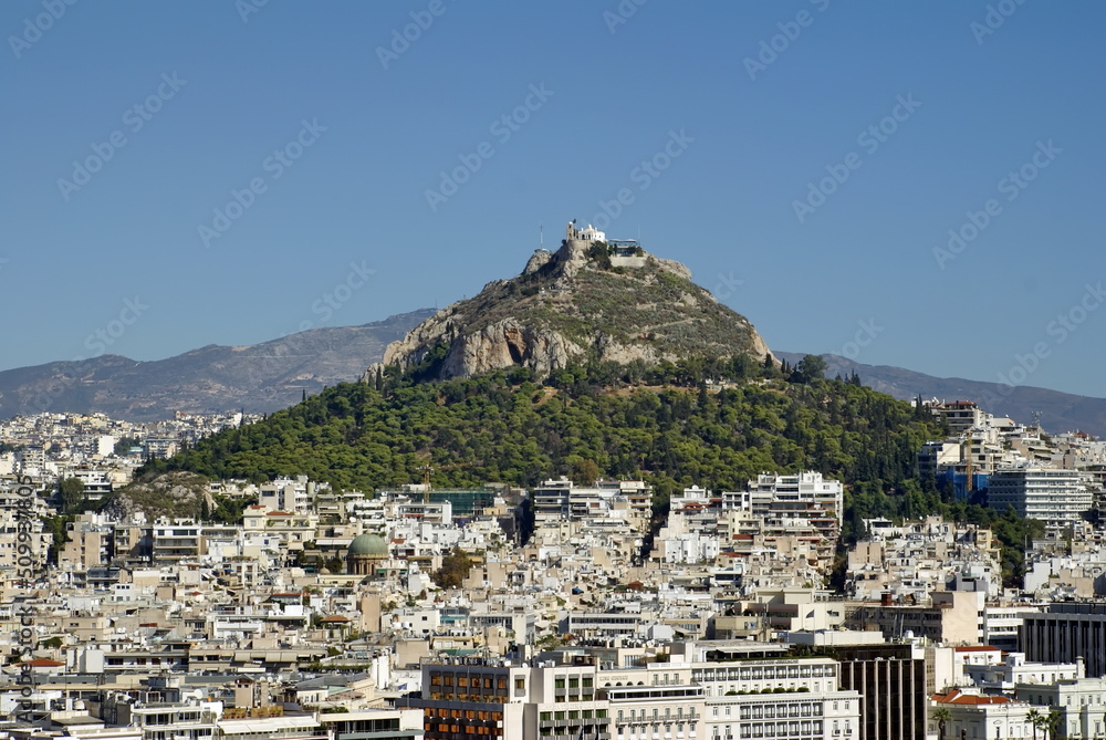 Overhead view of Athens, Greece, with Mount Lycabettus in the background