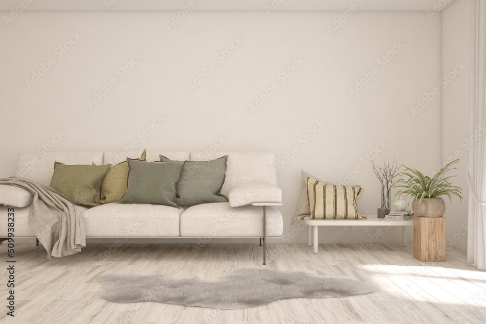 White living room with sofa. Scandinavian interior design. 3D illustration White living room with sofa. Scandinavian interior design. 3D illustration