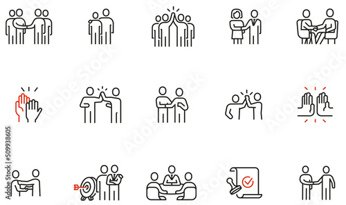 Vector Set of Linear Icons Related to Business Negotiation, Partnership and Meeting. Mono Line Pictograms and Infographics Design Elements