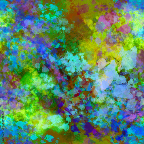 Multicolored abstract paint seamless pattern with bright chaotic mixed blots, smudges spots, and stains