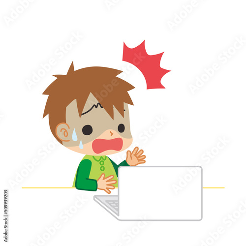 ノートパソコンを使っていてパニックになる可愛い男の子のイラスト 白背景 ベクター クリップアート