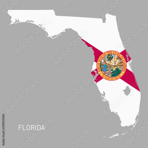 Map of Florida state with national flag inside. Highly detailed map of USA state with territory borders and federal flag, political or geographical design realistic vector illustration