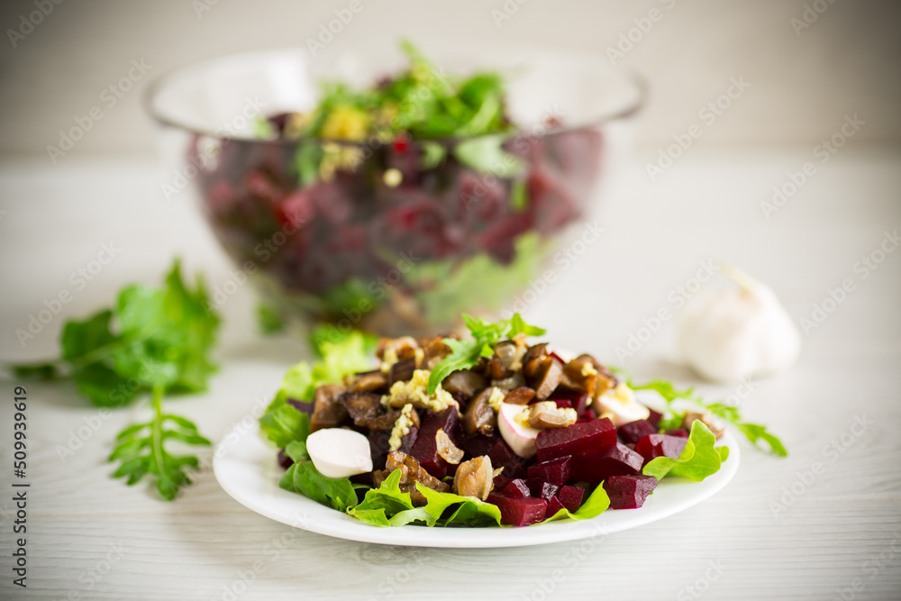 Salad with boiled beets, fried eggplants, herbs and arugula in a plate Salad with boiled beets, fried eggplants, herbs and arugula in a plate