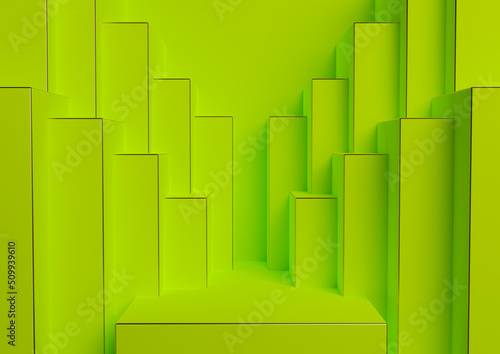 Fototapeta Naklejka Na Ścianę i Meble -  Bright, lime, neon green 3D rendering product display podium or stand simple, minimal, symmetrical, geometric background or wallpaper for luxury product advertisement abstract city skyline