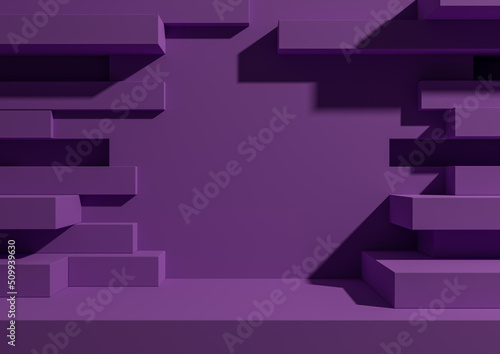 Bright purple  violet 3D rendering product display podium or stand with abstract brick wall or portal for product photography minimal  simple  geometric background wallpaper for luxury grunge products