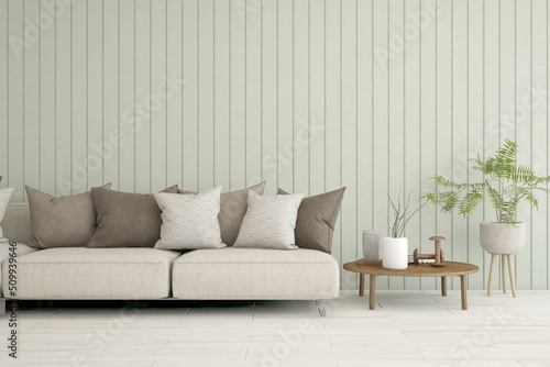 White living room with sofa. Scandinavian interior design. 3D illustration