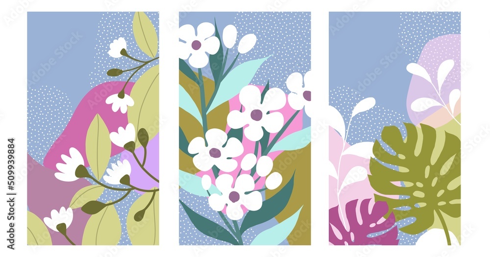 Set of abstract designs with flowers. Smartphone case design. Flat style. Waxflower