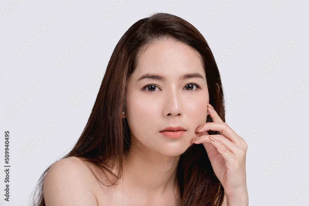 Beautiful Young asian Woman touching her clean face with fresh Healthy Skin, isolated on white background, Beauty Cosmetics and Facial treatment Concept. Beautiful Young asian Woman touching her clean face with fresh Healthy Skin, isolated on white background, Beauty Cosmetics and Facial treatment Concept.