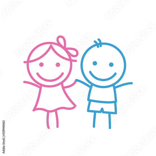 kid girl and boy line art logo icon vector illustration 