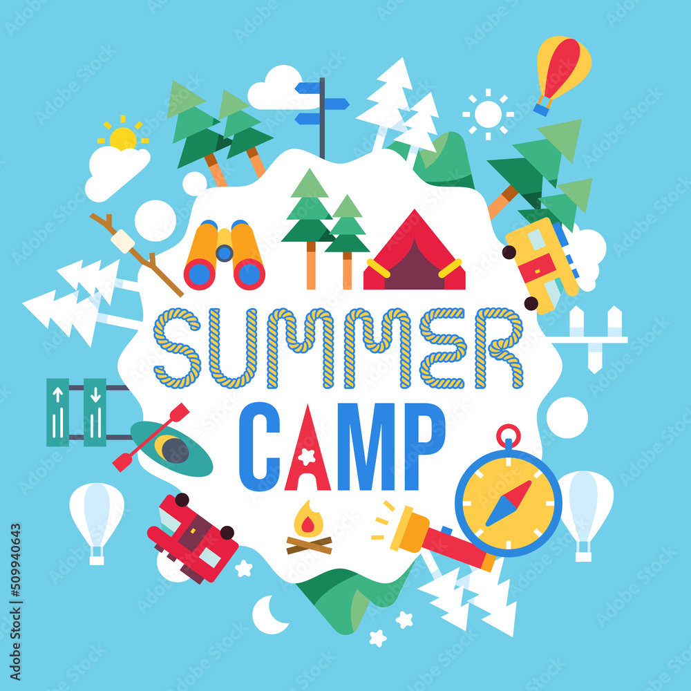 Summer camp concept paper cut, Camping and Travelling on holiday. and outdoor activity. Poster in flat style, vector illustration.