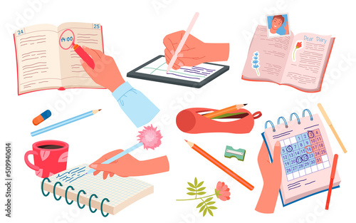 People work with school or office stationery, write on paper pages of notepad, notebook set vector illustration. Cartoon human hands holding pen, pencil, graphics tablet stylus isolated on white