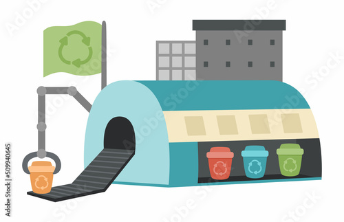 Vector waste recycling plant icon. Garbage sorting factory illustration. Trash recycle illustration. Cute earth day landscape or scene .