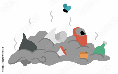 Vector rubbish dump icon. Smelling waste heap illustration. Trash pile isolated on white background. Organic, paper, metal, glass, plastic garbage. Earth day or zero waste ecological concept.