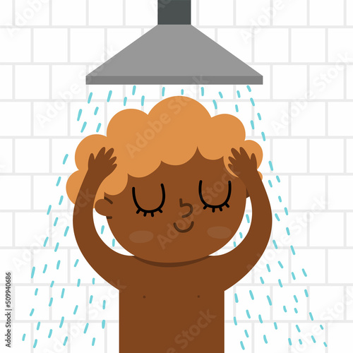 Boy taking a shower icon. Cute washing kid. Child doing daily routine. Morning ritual or healthy lifestyle concept.