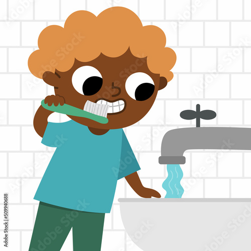 Boy brushing teeth icon. Cute kid caring about his teeth. Child doing daily routine. Morning ritual or healthy lifestyle concept.