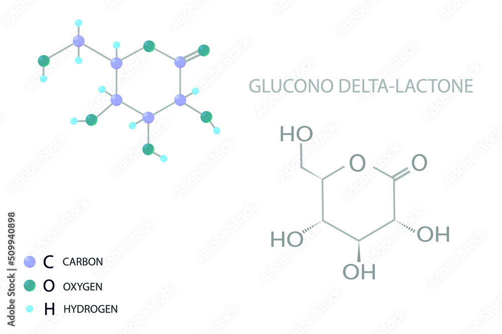 Glucono delta-lactone molecular skeletal 3D chemical formula. Glucono delta-lactone molecular skeletal 3D chemical formula.