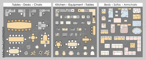 Furniture outline top view. Set of isolated colored linear icons for interior, plan, project. Vector objects and elements for office, apartments, living room, bedroom. Bed, sofa, table. Floor plan