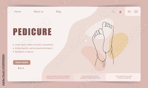 Pedicure service landing page template. Linear female hands. Beauty logo for manicure studio or spa salon. Vector Illustration in flat cartoon style. Website design.
