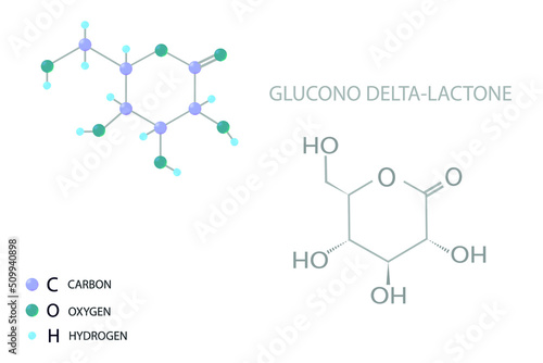 Glucono delta-lactone molecular skeletal 3D chemical formula.	 photo