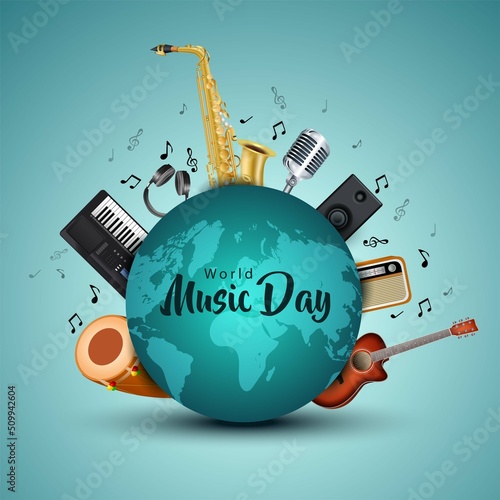 music day worldhappy world music day and musical instruments with blue background. vector illustration design photo