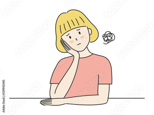 頬杖をついて憂鬱そうな表情の若い女性のイラスト
