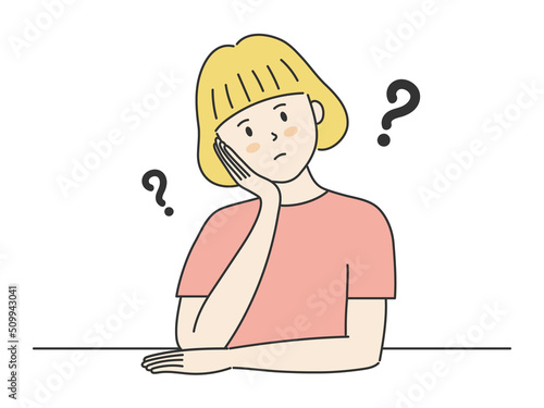 頬杖をついて考え事をしている若い女性のイラスト