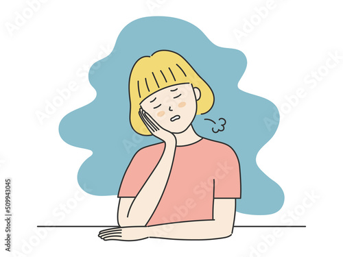 ため息をつく若い女性のイラスト　頬杖
