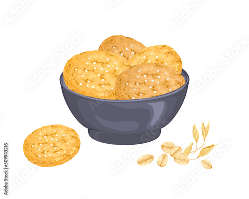 Oatmeal cookies in bowl isolated on white. Vector cartoon illustration of whole grain pastry.