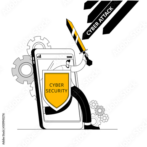 A man with a shield and a sword comes out of a smartphone and repels a cyberattack. Concept of a vector illustration on the topic of cybersecurity and personal data protection.