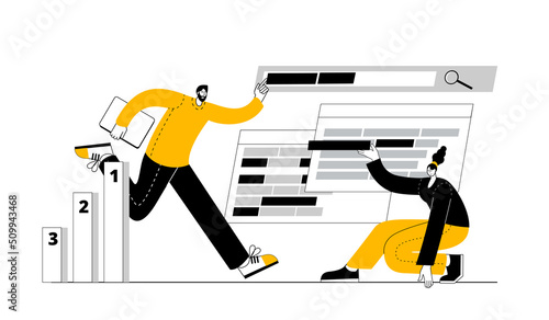 The SEO team is working on the selection of keywords for website promotion in search engines. Vector illustration on the topic of SEO and website promotion on the Internet.