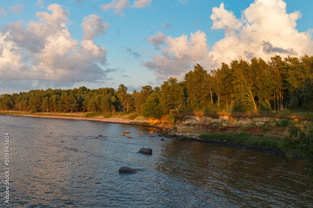 Sunset colored scenic view to the calm sea bay and tall cliff consist of sandstone and limestone layers. Estonia, Baltic sea.