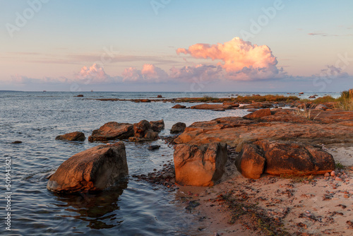 Sunset over the Baltic sea. Rocky coast in Estonia.